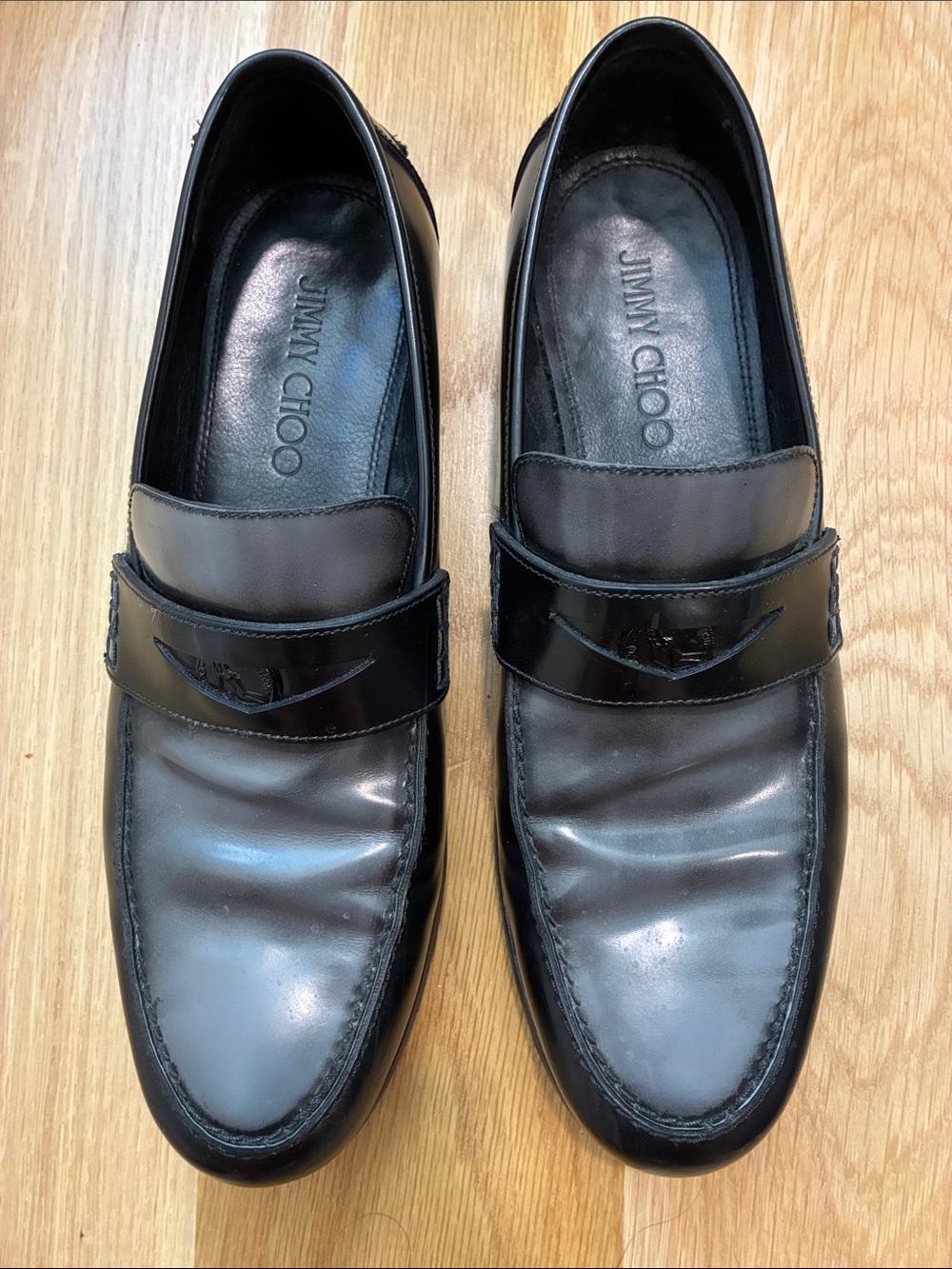 Jimmy Choo Black Leather Penny Loafers with Gloss Strap